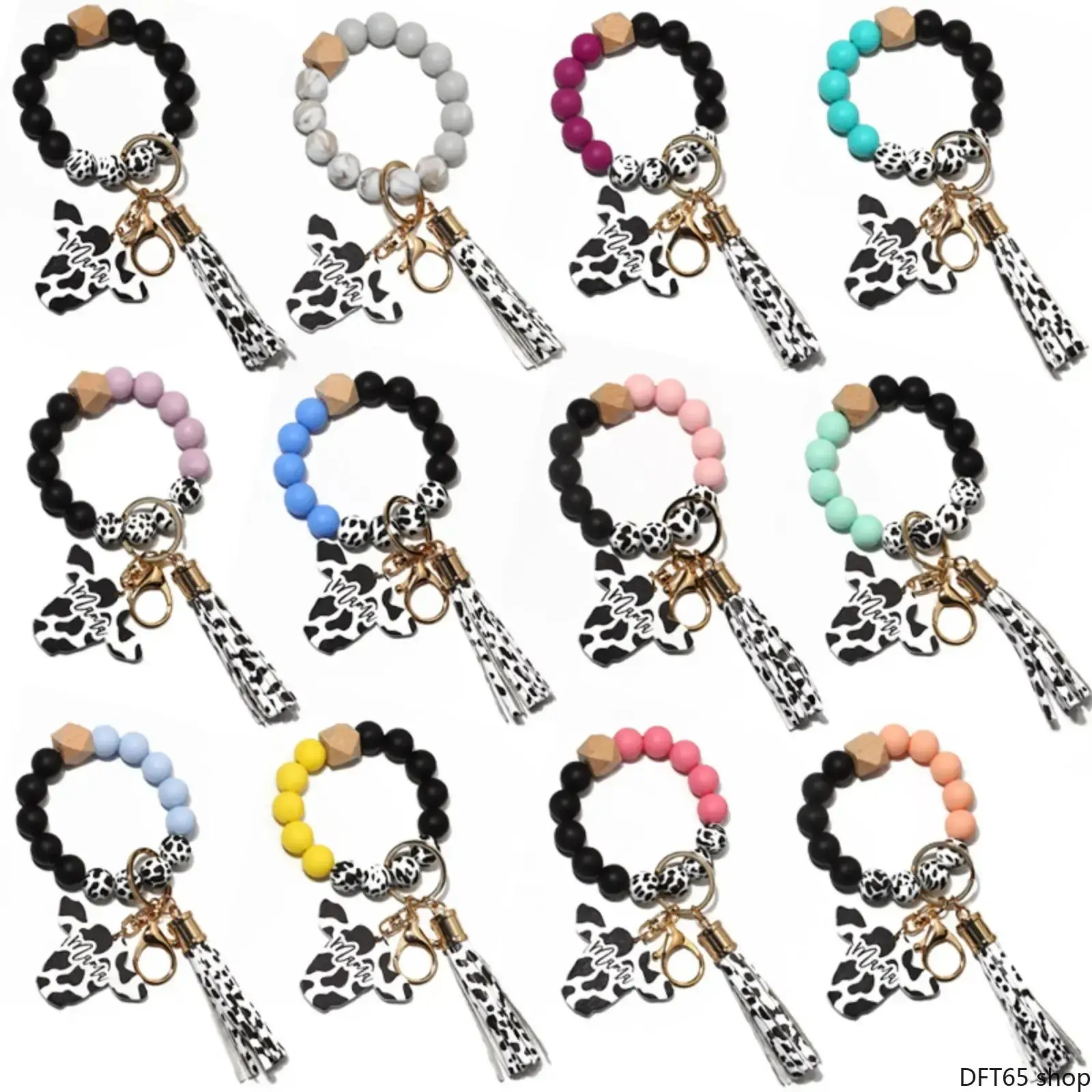 Cow Pattern Silicone Wood Bead Wrist Keychain Equipped With Leather Tassel And Wooden Bull Charm Flexible Stretch Bead Strap Unisex Soft Skin Friendly Material For Car Key Bag Hanging Daily Casual Decorative Wrist Accessory