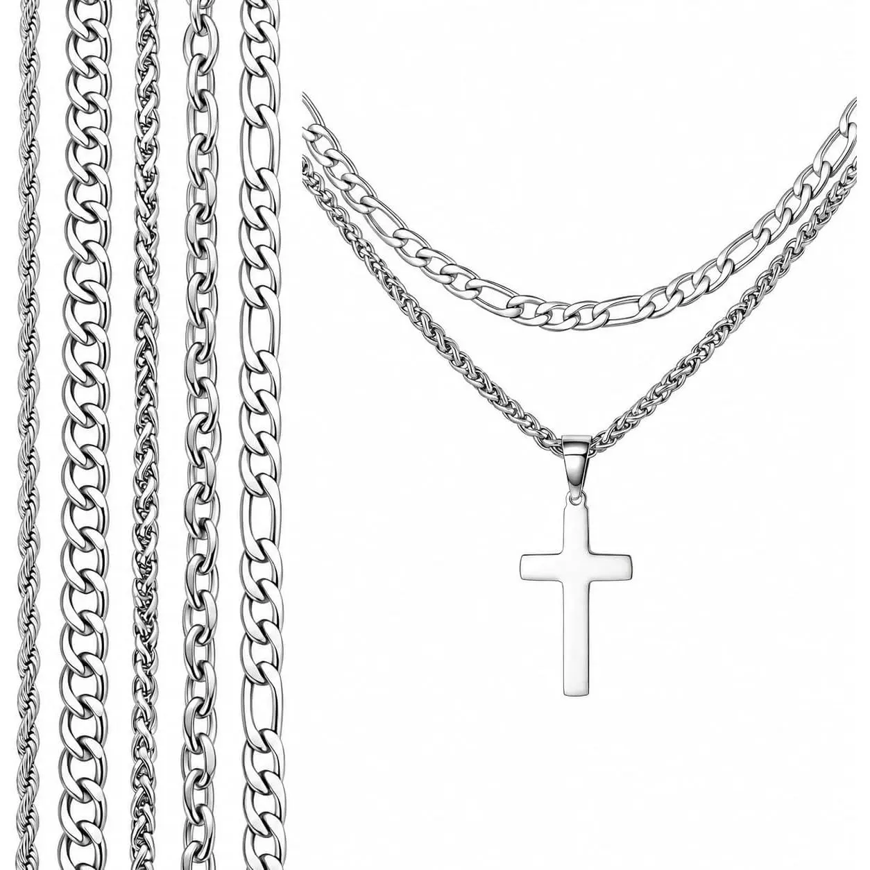 5 count Chain with  Pendant, Stainless Steel Necklace Set Men Women  Gifts 17+4 Inches