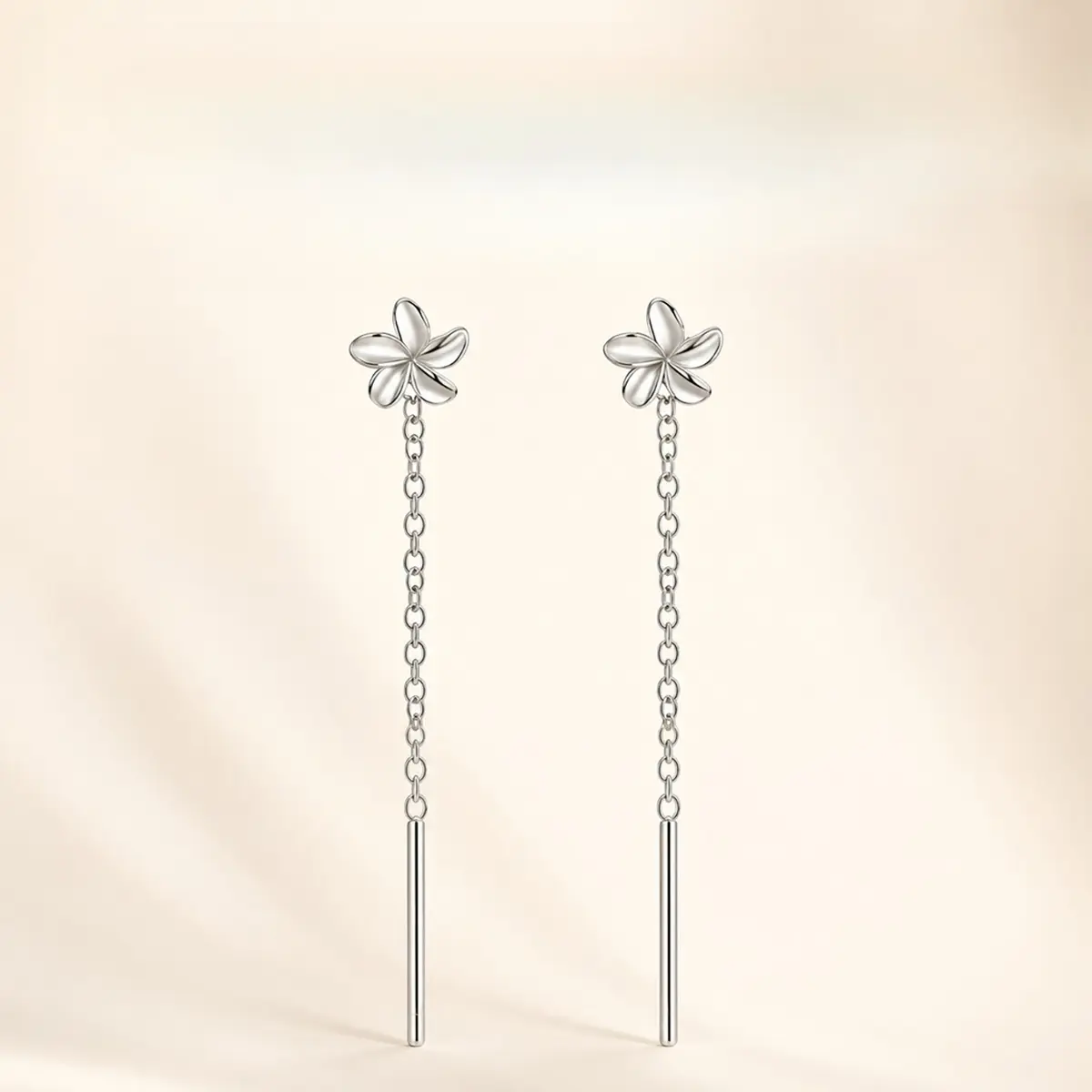 Women Minimalist 925 Sterling Silver Gardenia Flower Threader Drop Earrings, Nickel-Free Hypoallergenic Long Tassel Chain Dangle Ear Jewelry, Slim 5cm Face-Slimming Floral Earrings, Elegant Daily Office Dating Accessory Sweet Birthday Anniversary Valentin