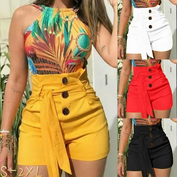 Women High Waist Slim Fit Shorts, Fashion Sexy Belted Beach Shorts, Casual Summer Bottoms