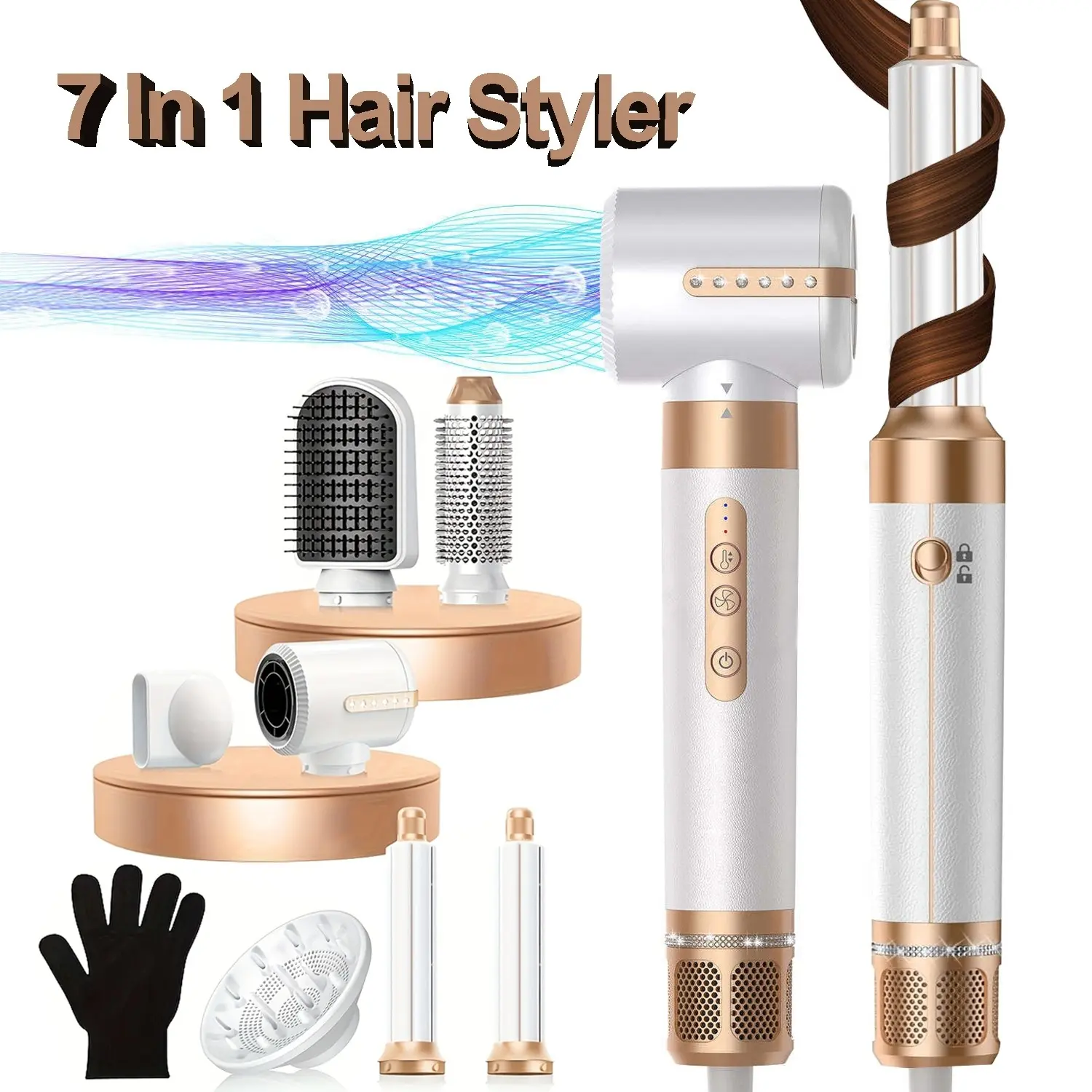 Hair Dryer Brush 7 in 1, Powerful Blow Dryer Brush with Air Curler for Hair, Brush Blow Dryer with Diffuser, Ionic Hot Air Brush Fast Dry, Volumize, Curls, Straight, Hair Styling Tools 100-120V Multi Styler