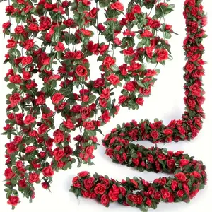 2 artificial rose vine flowers and green leaves of 98.43 inches, (with 45 red roses) hanging fake rose vine for room anniversary, wedding, birthday, Christmas wall arch decoration, red flowers,