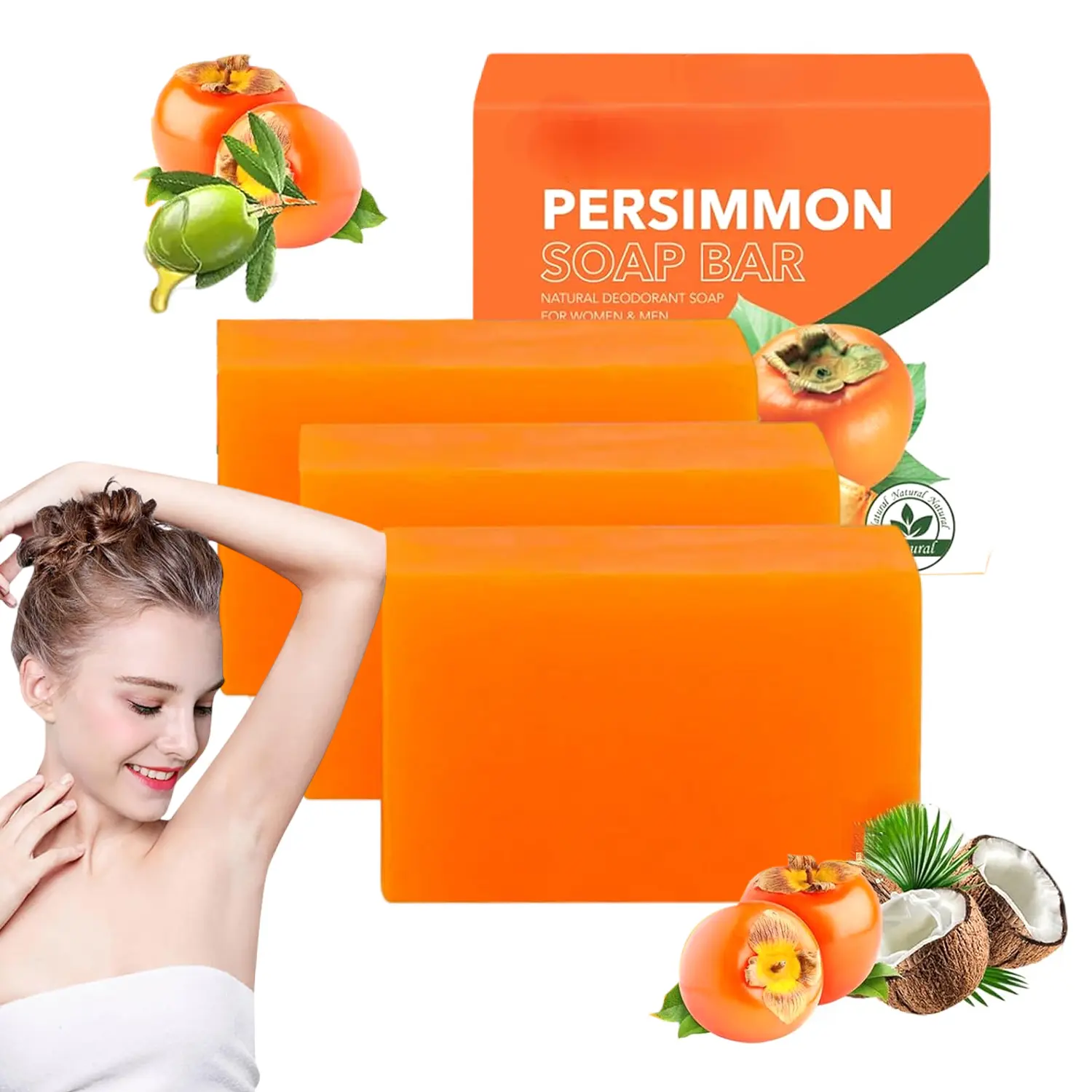 3 PCS Persimmon Deodorant Bar Soap, Natural Refreshing Body Soap, Deep Cleansing Odor Eliminating Soap for Body Odor & Aging Smell, Gentle Daily Wash for Men Women and All Ages