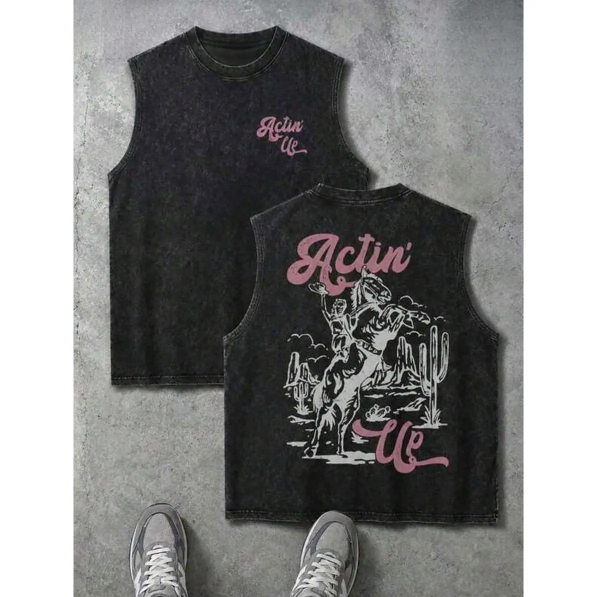 Western Country Streetwear Unisex Sleeveless T-shirt Vintage Wash Actin' Up Pink Script Double Side Cowgirl Desert Graphic Tank Top Oversized Loose Cut Casual Outdoor Hiking Walking Travel Fashion Vest T-shirt Men Women Trendy Retro Summer T Shirt