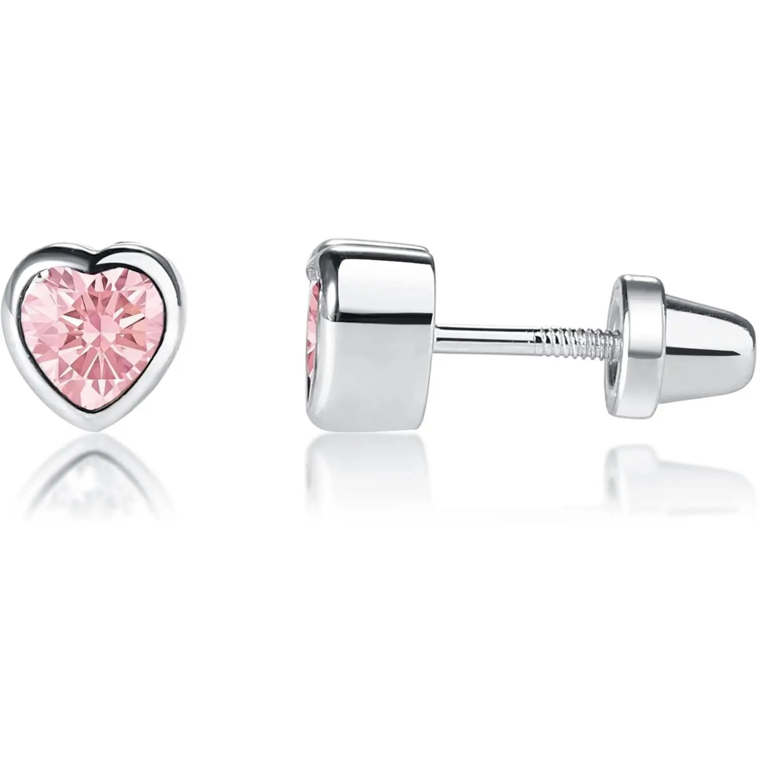 Girl's .925 Sterling Silver CZ Simulated Birthstone Heart Earrings with Screw Back for Baby, Toddler and Kids (6mm)