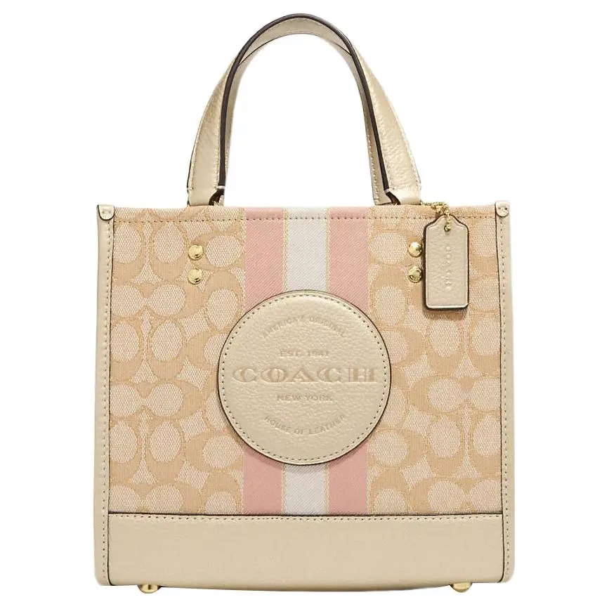 COACH Dempsey 22 Tote Bag for Women – Classic Monogram Canvas and Calfskin, Snap Closure, Small Size, Light Khaki