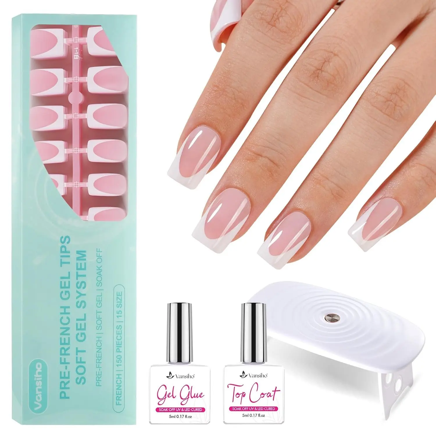 Gel Nail Kit - Pink Deep Short Squre French Tip Press on Nails Kit with Nail Gel, Top Coat for Gift Home DIY