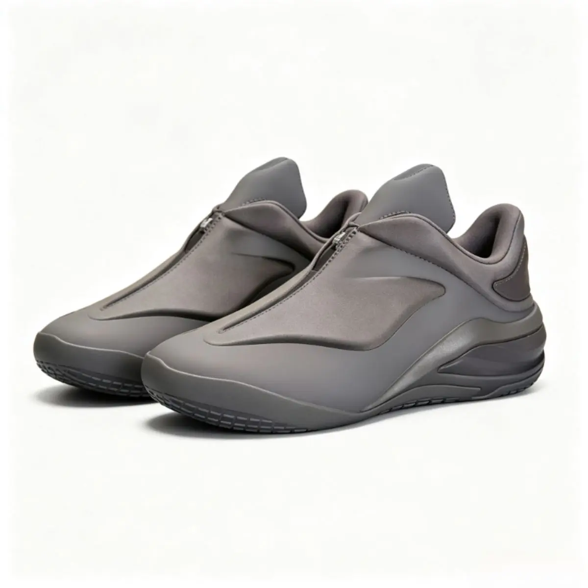 Zip Up Integrated Streamlined Low Top Basketball Sneakers For Men Women Soft Matte Upper Padded Ankle Liner Full Wrap Shock Absorb Thick Midsole Wave Pattern Anti Slip Rubber Outsole Futuristic Minimalist Slip On Sport Trainers Comfort Stre