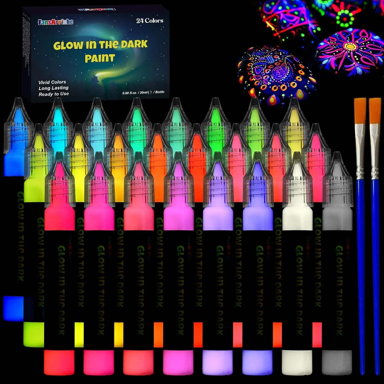 Glow in the Dark Paint 24 Colors x 20 ml Fabric Paint for Clothes Canvas Glasses Rocks Party Favors 3D Neon Acrylic Paint for Easter Halloween Christmas Decorations