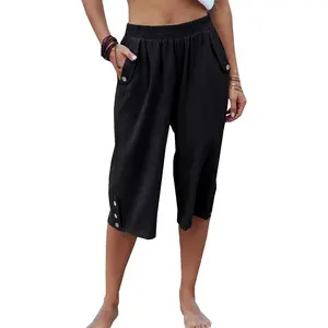 Women's Elastic Waist 3/4 Capri Harem Pants with Pockets Casual Loose Solid Yoga Trousers S-XXL