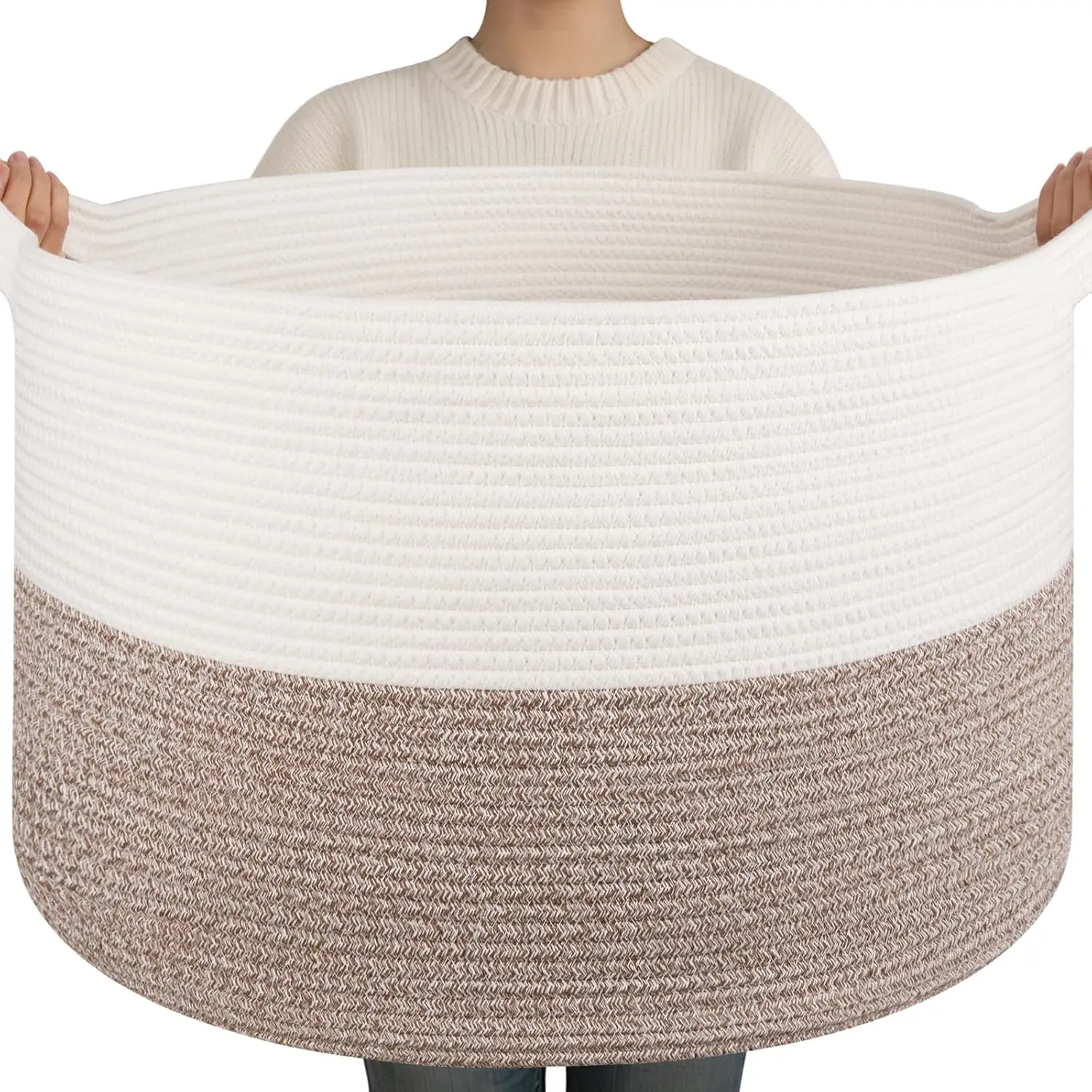 90L XXXLarge Blanket Basket for Living Room, 21.7" x 13.8" Woven Cotton Rope Laundry Basket for Organizing Pillows, Decorative Stuffed Animal Toy Storage for Nursery, White and Linen Brown
