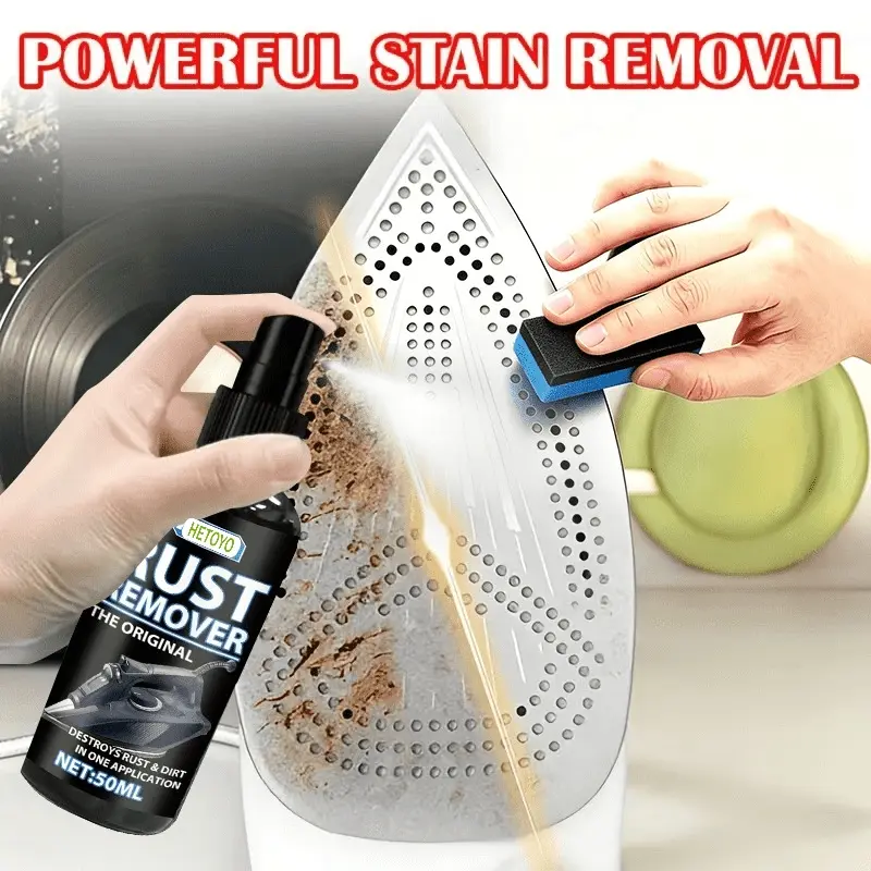 Iron refurbishing spray removes burn marks, sticky buildup, dirt, and rust stains quickly and effectively. It's gentle, non-irritating, easy to wipe clean, and restores a smooth surface for daily maintenance.
