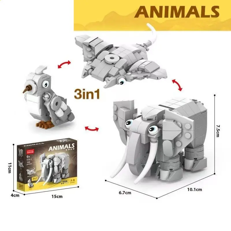 150Pcs Building Blocks to Build Dinosaur, Elephant, Tiger Animal Models, Freely Assemble into 3 Kinds of Animal Models, Inspire Imagination, Desktop Ornament, Fun Educational Toy Set