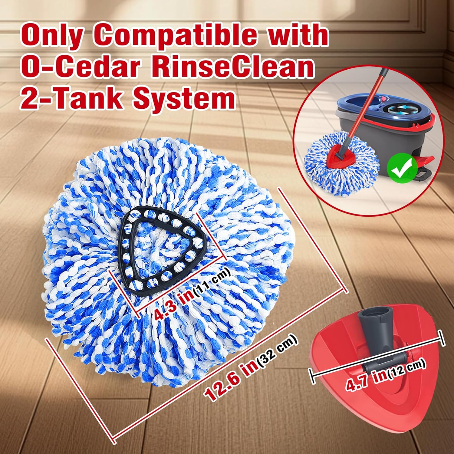 Mop Heads Replacements 2 Pack with Triangle Base for  RinseClean 2 Tank System, Microfiber Spin Mops Replace Refills for Deep Cleaning  Floors