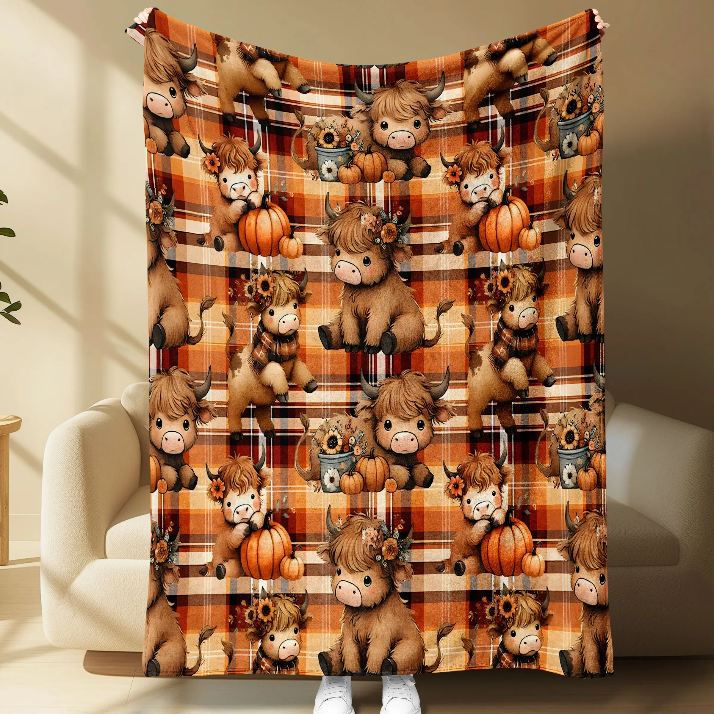 1 PC 🐮 Cute Fall Highland Cow Blanket! Soft flannel with pumpkins for couch movie snuggles, autumn bed decor, or cozy picnics. 🍂 Perfect Thanksgiving, Halloween & Xmas gift! 🎁 #HighlandCow #FallVibes #CozyBlanket #ThanksgivingGift