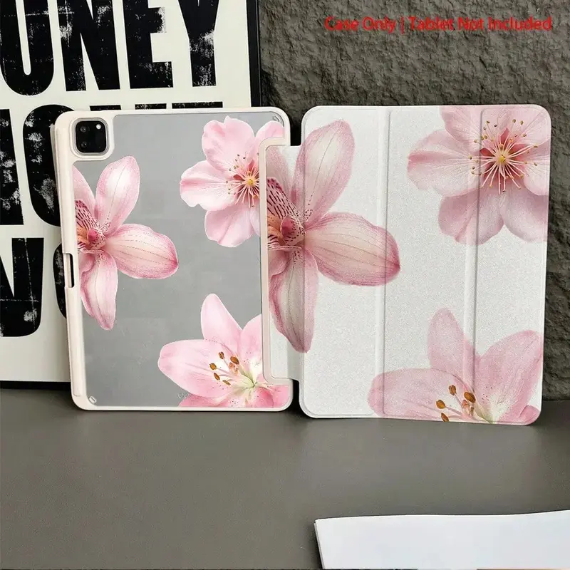 1pc Pink Orchid & Cherry Blossom Print Transparent Back With Pen Slot Tablet Protective Case, Suitable For IPad 10.9/10.2/Air 5/Pro11/10/9.7/Air 2/(7th)/(8th)/Air 4/5/Pro 11/10, 10.9 Inch 2022 Smart Protective Cover/Air 13(M3 2025)/Air 11(M3 2025)/Air 1