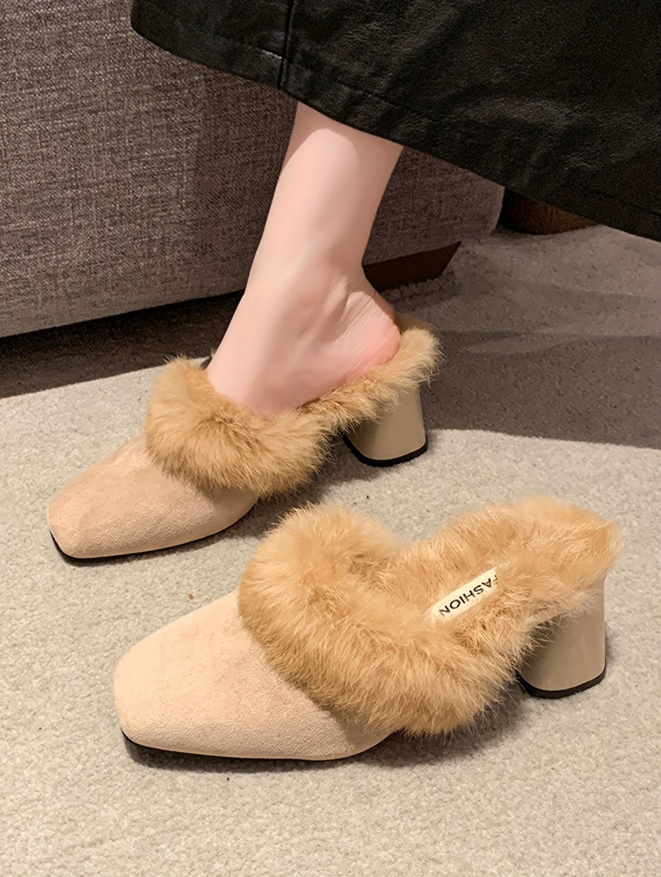 Moccasin Women 2024 New Autumn And Winter Outdoor Half with Dress Versatile High Heels One Slip-On Chunky Heel Elegant Women Shoes