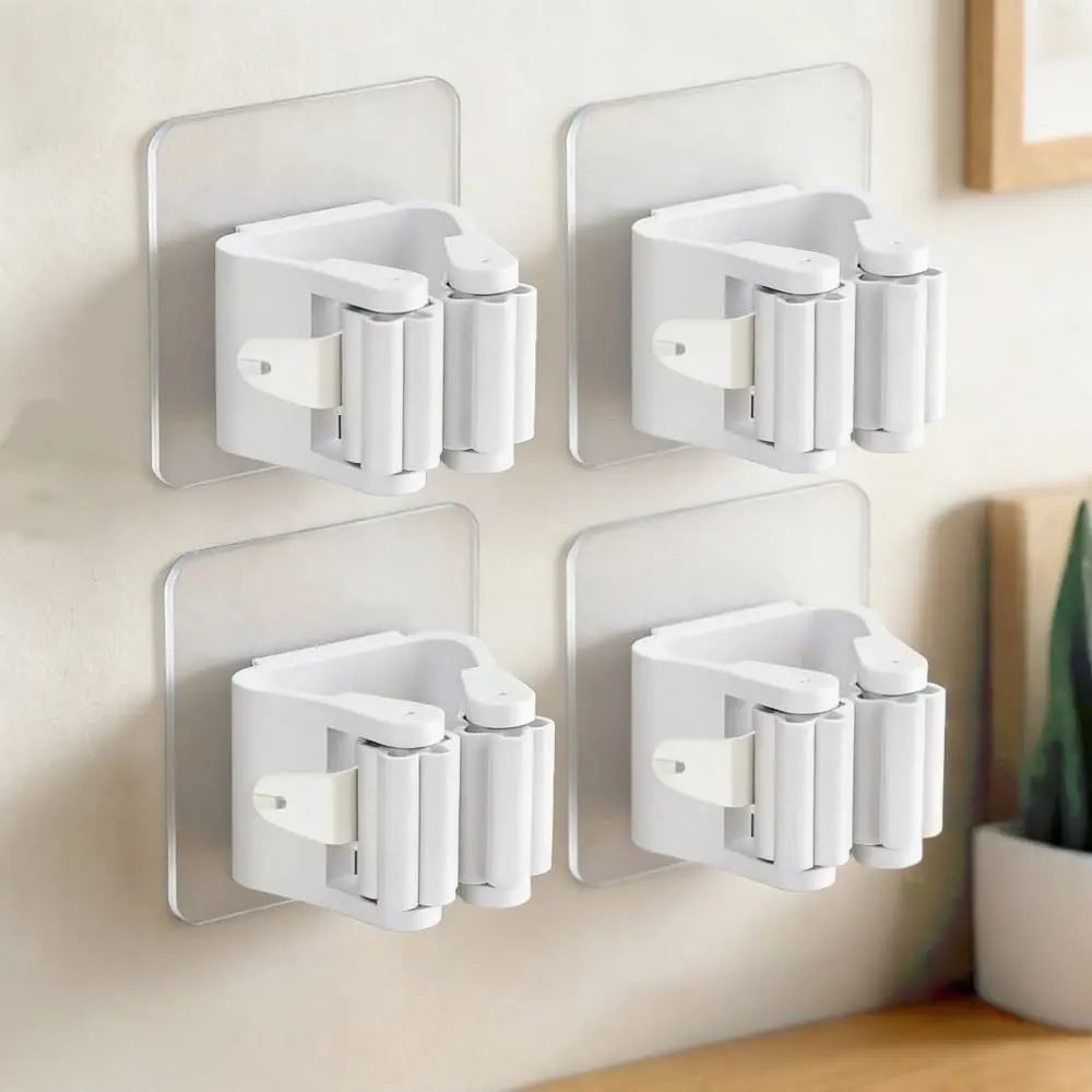 Wall-Mounted Mop and Broom Holder, Suction Traceless Clips, Waterproof Storage Hangers for Bathroom Kitchen, 4 Pack