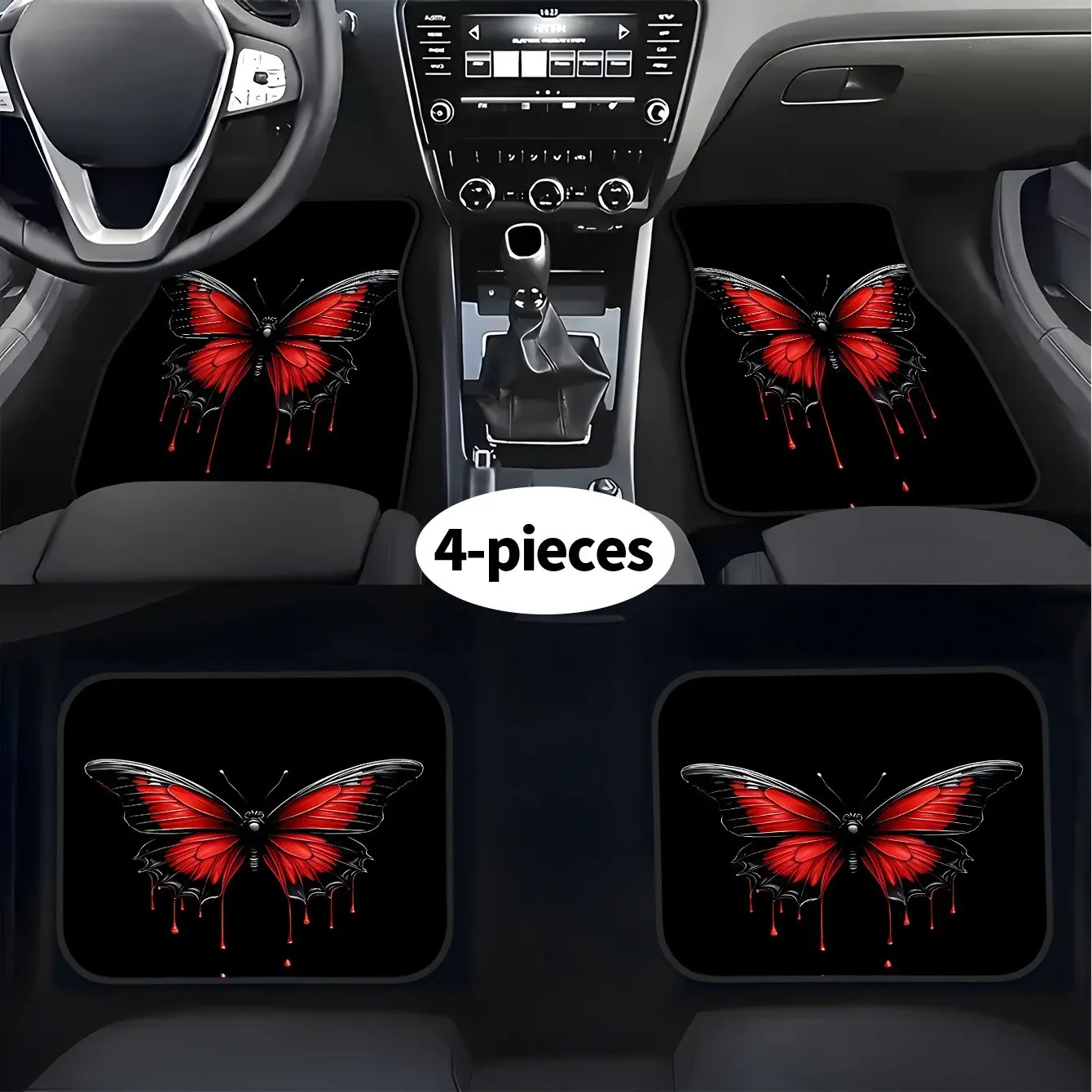 4-Piece Car Floor Mats, 2D Flat Butterfly Print, Universal Fit, Non-Slip, Easy Clean, Suitable for All Models, All-Season Use