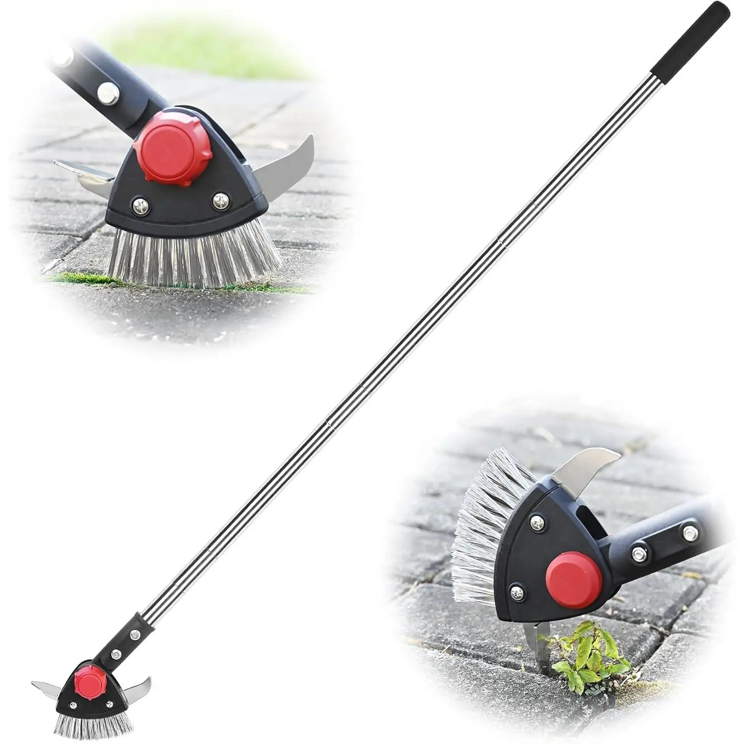 Crack Weeder Long Handle 3-in-1 Adjustable Crevice Cleaning Tool with Stainless Steel Weed Brush with 2 Scrapers Weed Puller Tool for Driveway, Patio Sidewalk to Remove Moss Weeds Dirt