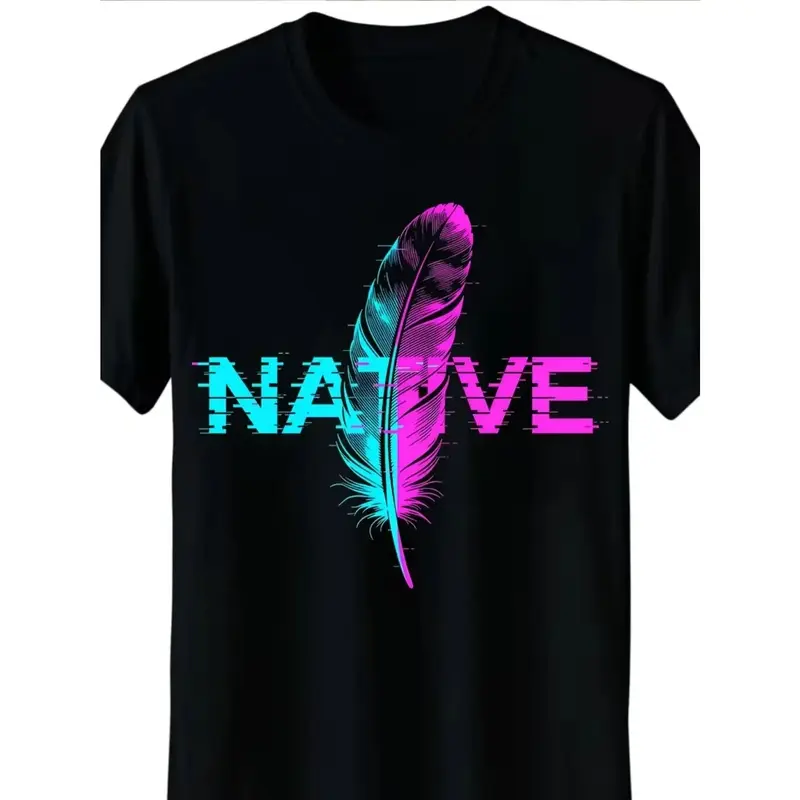 NATIVE Feather & Native Style Graphic T-Shirt - 100%  Casual Round Neck Tee with Cultural Feather for Casual Attire, Festivals & Special Occasions - Year-Round Comfortable Apparel,back to school,back to school shopping