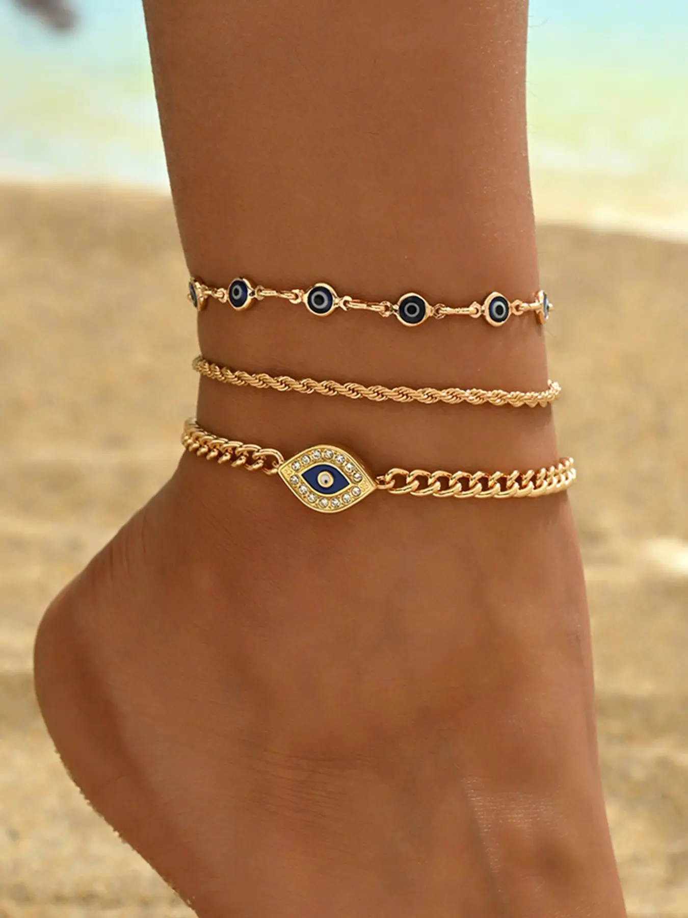 3-Piece Fashion Demon Eye Anklet Set, Metal Chain, Simple & Trendy, Women's Foot Jewelry, Ideal for Daily Wear, Beach, Travel, Dates