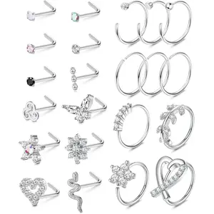 22Pcs 20G Nose Rings & Studs for Women Men, Stainless Steel CZ Round Star Nose Studs, L‑Shape Flower Open Hoop, 8mm Silver Nostril Helix Conch Daith Piercing Jewelry Set