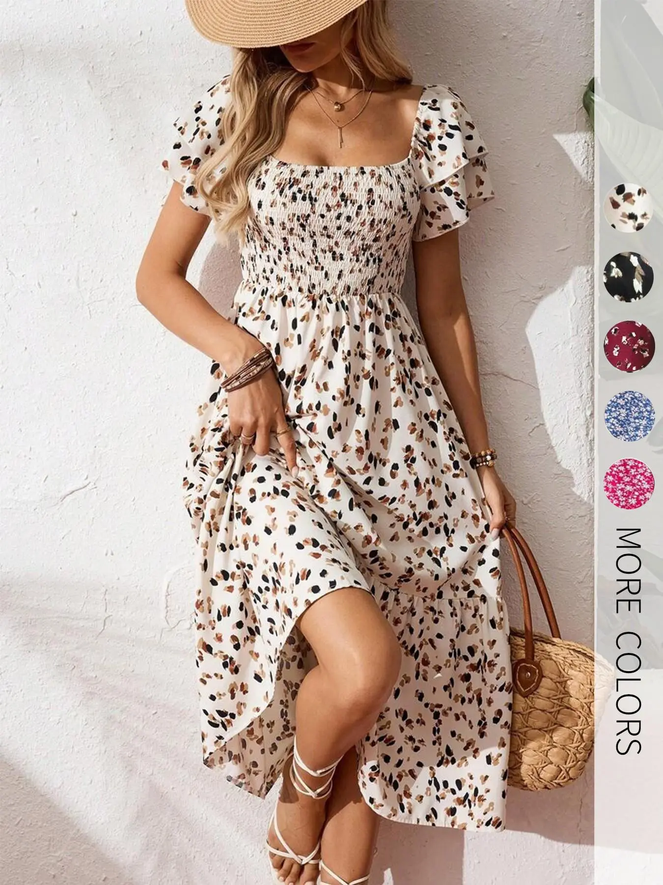 Women's Casual Floral Print Ruffled Dress, Gathered Design, Bohemian Style, Suitable for Beach, Vacation, Dates, and Daily Wear, Summer Womenswear, Women's Long Dress