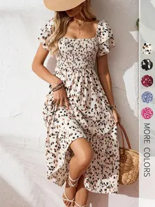 Women's Casual Print Ruffled Dress, Gathered Design, Bohemian Style, Suitable for Beach, Vacation, Dates, and Daily Wear, Summer Womenswear, Women's Long Dress