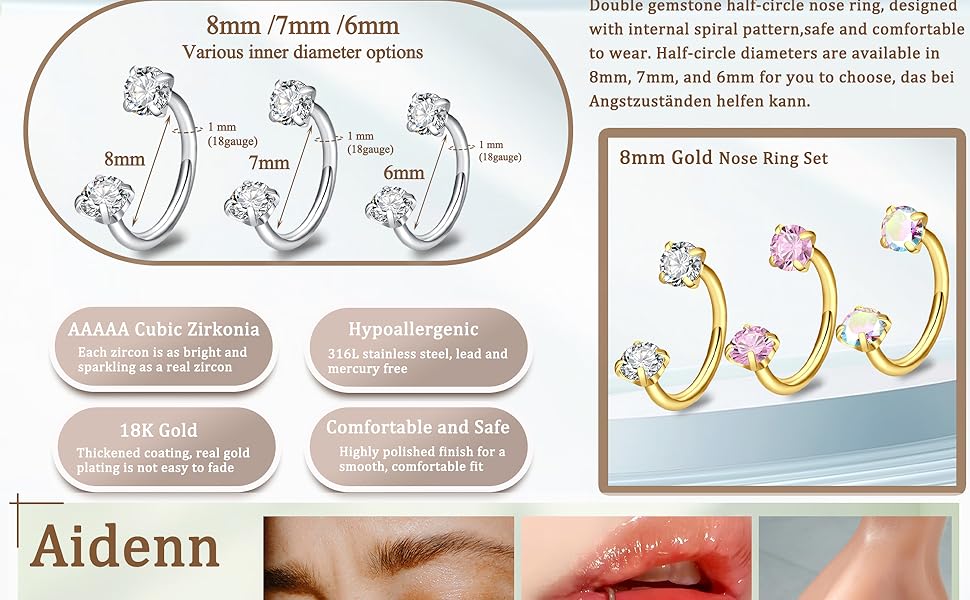 18G Horseshoe Nose Rings for Women, 6-8mm Horseshoe Piercing Jewelry Set Gold & Silver, Double Gem Horse Shoe Nose Rings Hoops Surgical Steel Cartilage Helix Tragus Earring Labret Lip With Tool