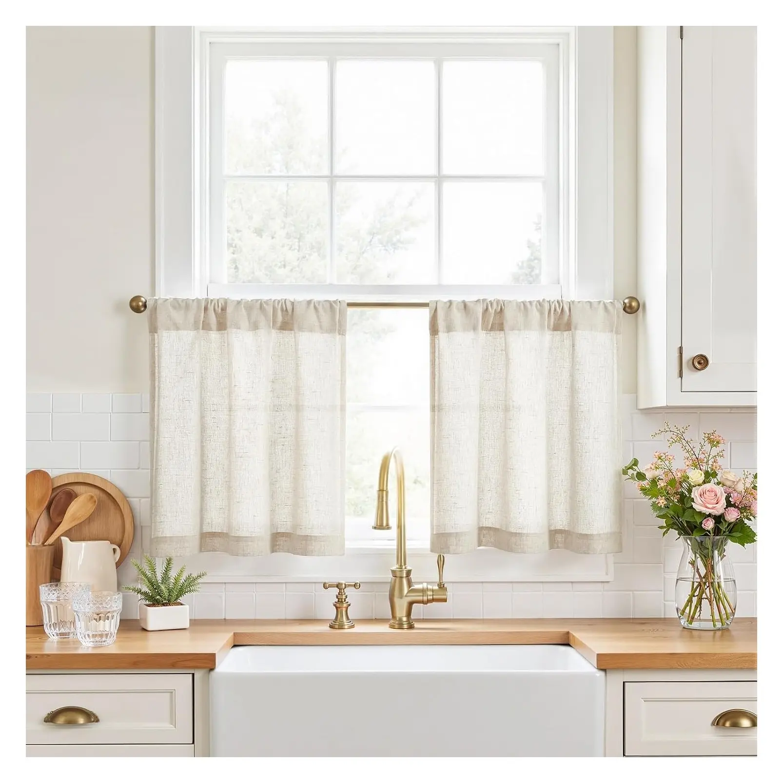Rustic Linen Rod Pocket Tier Curtains 26x20, 2 Panels, Natural Light Filtering Cafe Curtains for Kitchen, Bathroom, Laundry, Small Window, Over Sink, Farmhouse Machine WashableGift