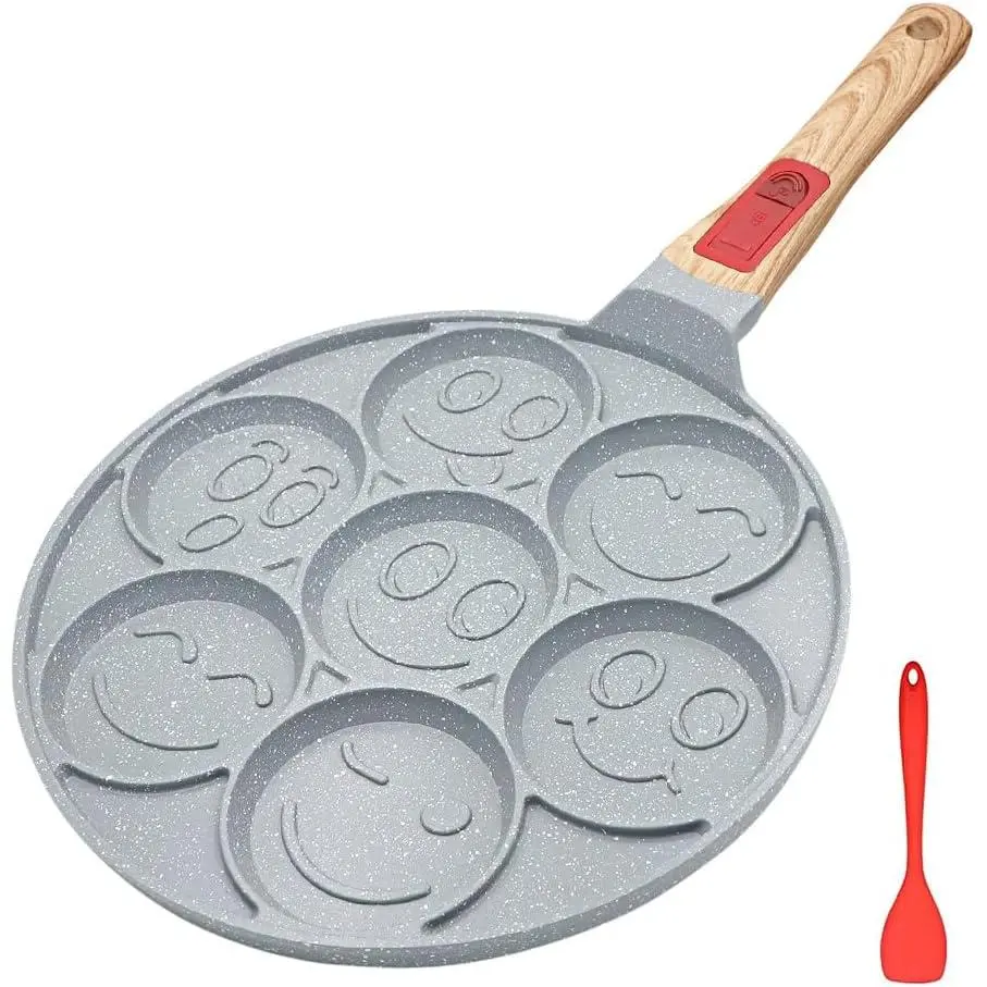 Ceramic Pancake Pan Induction, Nonstick Pancake Griddle with Detachable Handle, 7 Hole Smiley Face Pancake Maker