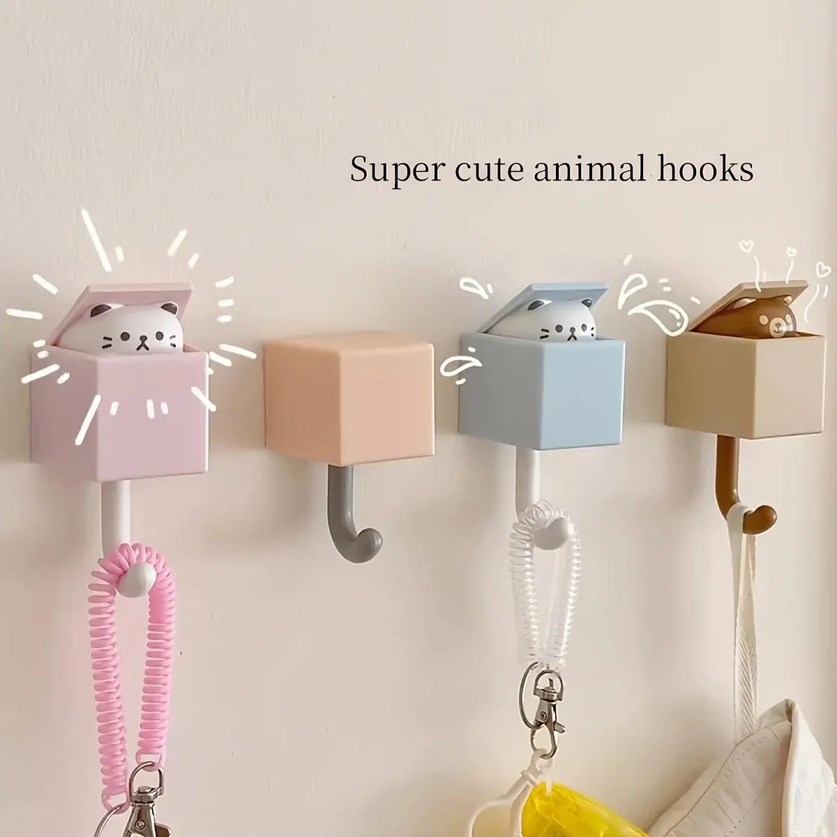 Cute Pop-Up Animal Wall Hooks, Kawaii Cat & Bear Self-Adhesive No-Drill Hooks, Hidden Foldable Hanging Hooks for Keys, Bags, Towels & Coats, Entryway, Bathroom & Bedroom Organizer