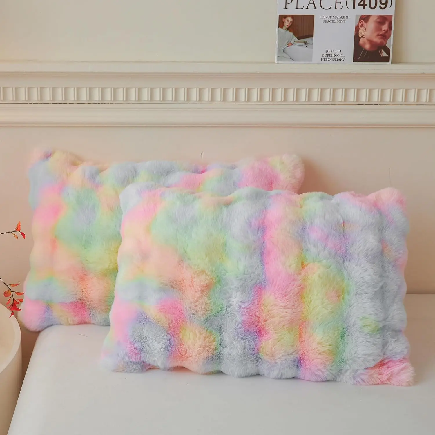 2-Piece Luxury Fluffy Faux Rabbit Fur Pillow Cases, Soft Plush Shaggy Bubble Pillow Shams with Zipper, Standard 20x26 in for Teens & Adults, Home Supplies, Zippered