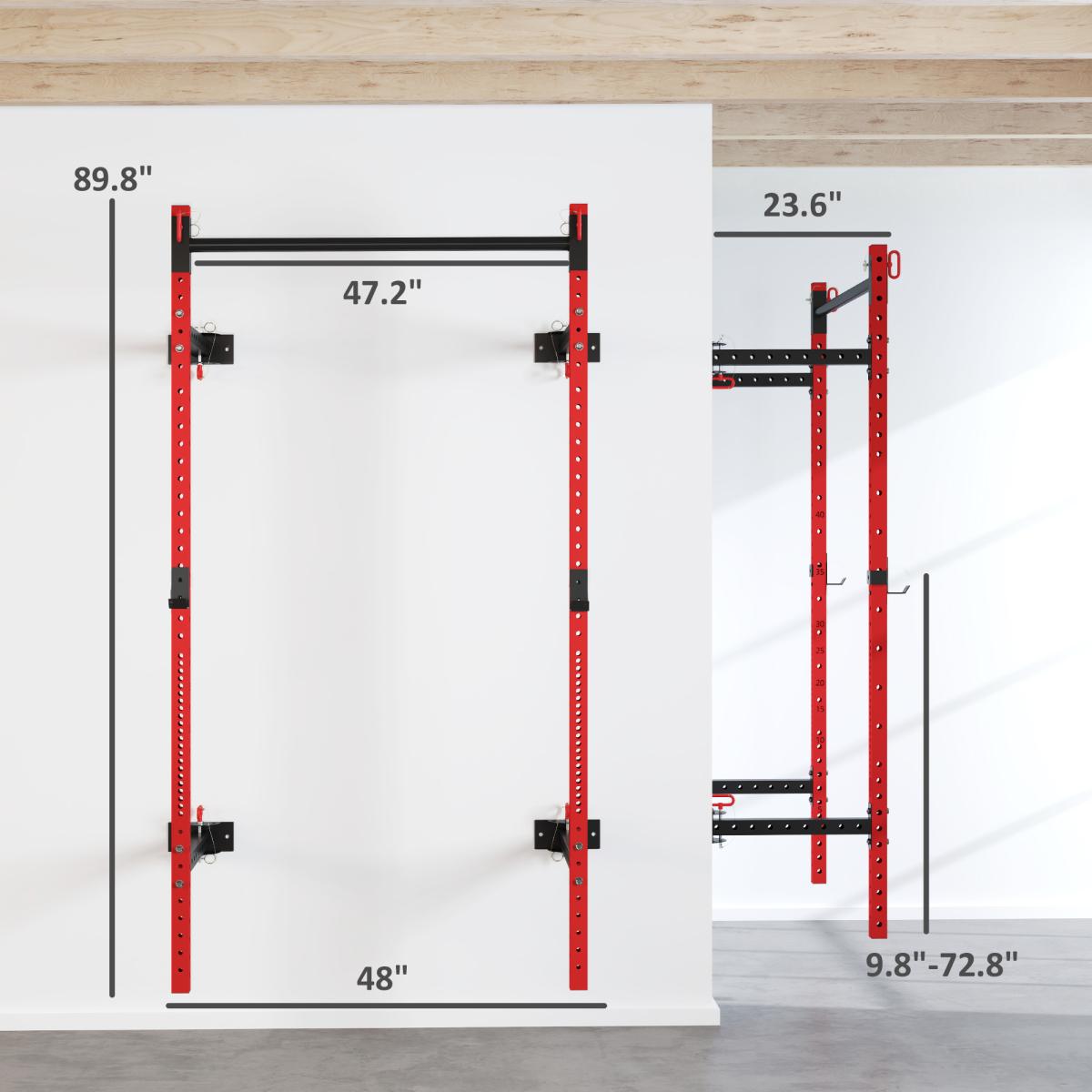 [Fahuac] Soozier Folding Squat Rack with Pull Up Bar, Wall Mounted 1000 lbs Capacity Power Rack, 17-Level Adjustable Barbell Rack, Space Saving for Home Gym Garage, Red