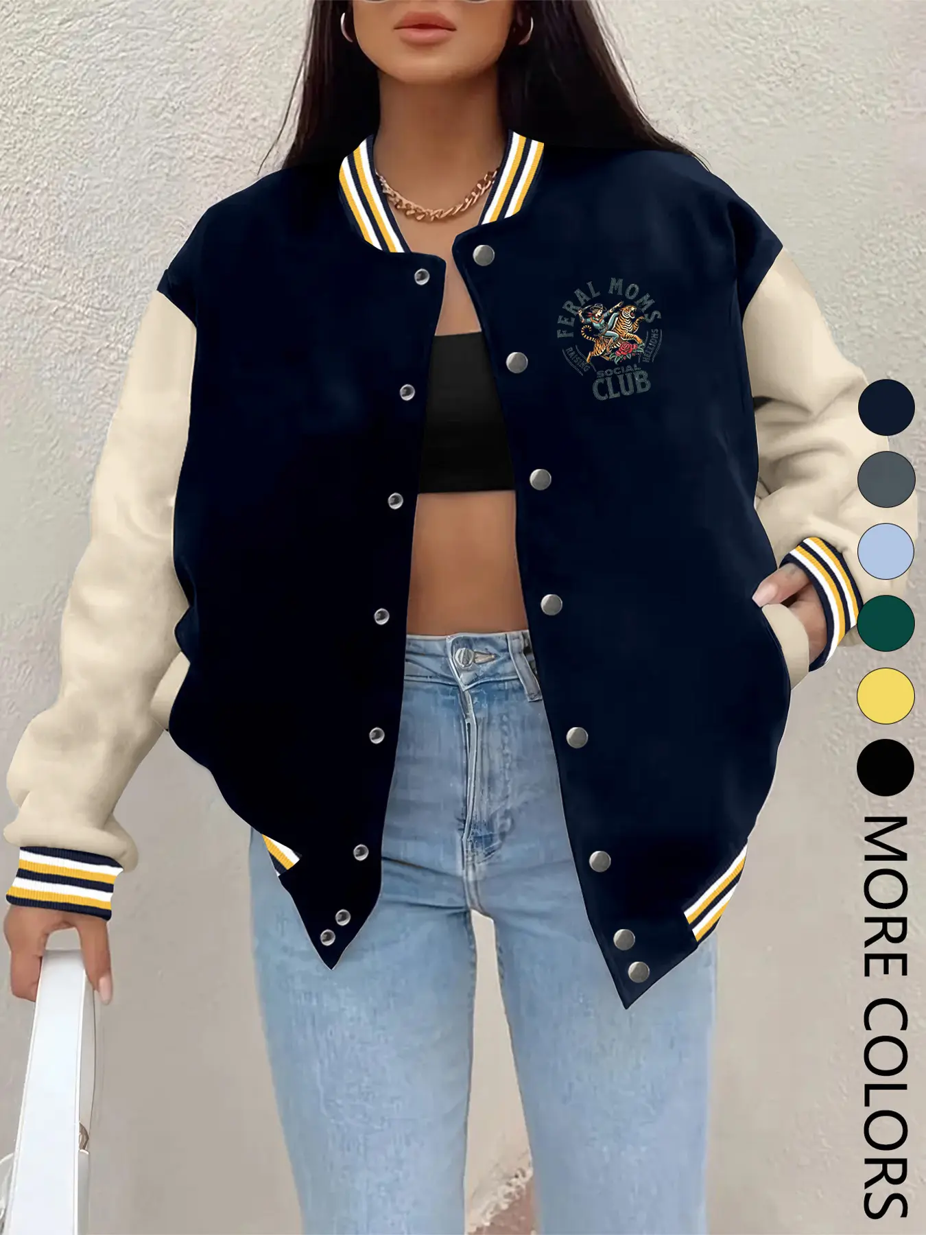 Women's Fall Winter New Baseball Jacket, Letter Print Casual Sporty Outerwear, Fitted Design, Hip Hop Style, Suitable for Daily Wear