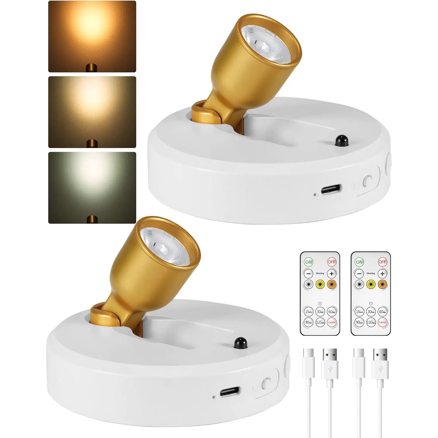 2-Pack Cordless Rechargeable 4000mAh Battery Spotlight Indoor Uplights - Remote Control, USB-C, 3 Color Temperatures (Incl. Warm White), Dimmable, 4H Timer, Auto Shut-Off, 3M Adhesive Tape, Accent Lighting for Art, Plants (Batteries Included)