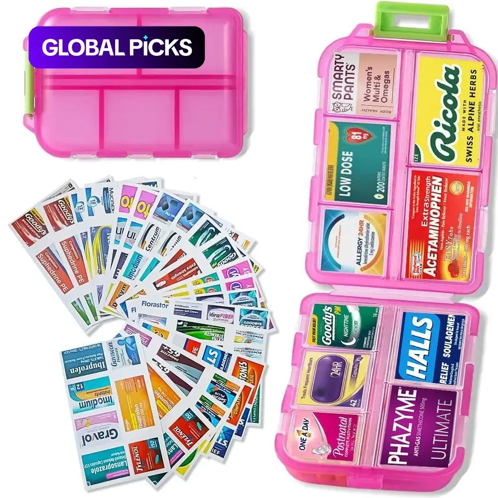 Portable Pill Storage Box, Travel Pill Organizer with 147 Brand Labels & Stickers, 10-Grid Mini Pill Container, Pocket-Size Dustproof Medicine Pill Case and Vitamin Box, Travel Essential Household Item #GLOBAL PICKS