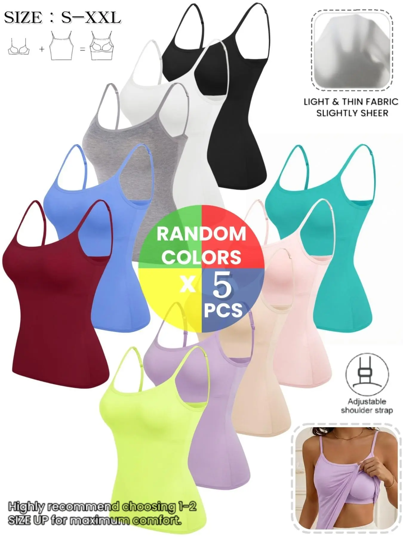 Women's Tank Top with Bra Padding, Adjustable Straps, Sleeveless, Round Neck, Slim Fit, Casual Style, All Seasons, Plain Design, Organic Textile，S-Xxl Sizes