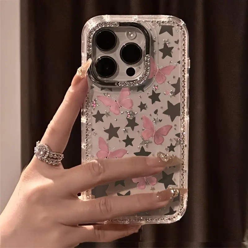 Aesthetic Star Pink Butterfly Clear Soft TPU Shockproof Protective Case for Phone 11 12 13 14 15 16 17 Air /Pro Max Protective Case, Sparkly Rhinestone Bling Frame Glitter Star Anti-Scratch Drop-Proof Phone Cover Christmas New Year Gift For Women Girls
