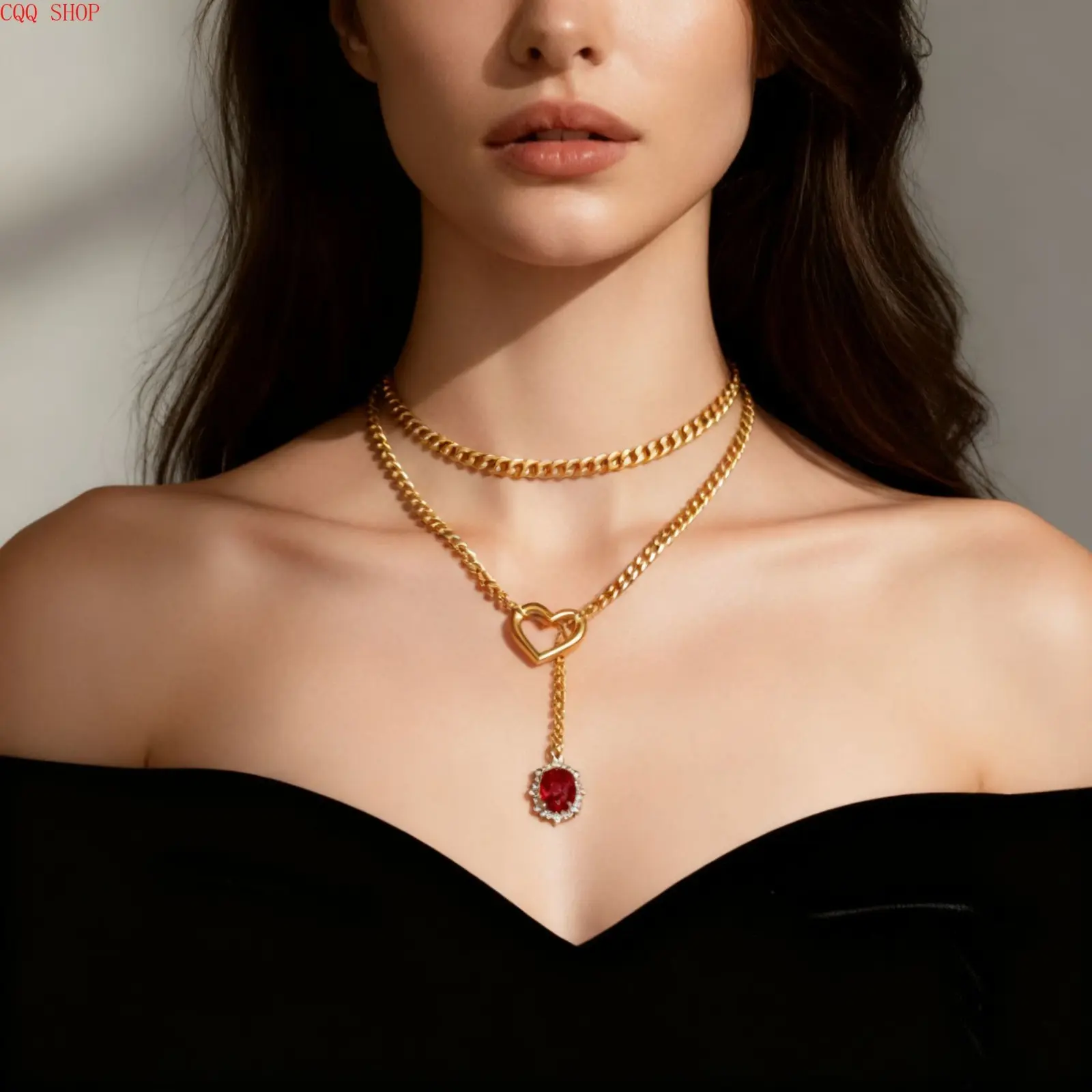 Vintage Gold Plated Heart Ruby Pendant Necklace for Women, Unique Layering Cuban Chain Jewelry, Dainty Retro Statement Accessory, Ideal for Date Night Party Gathering & Daily Casual Outfit Styling