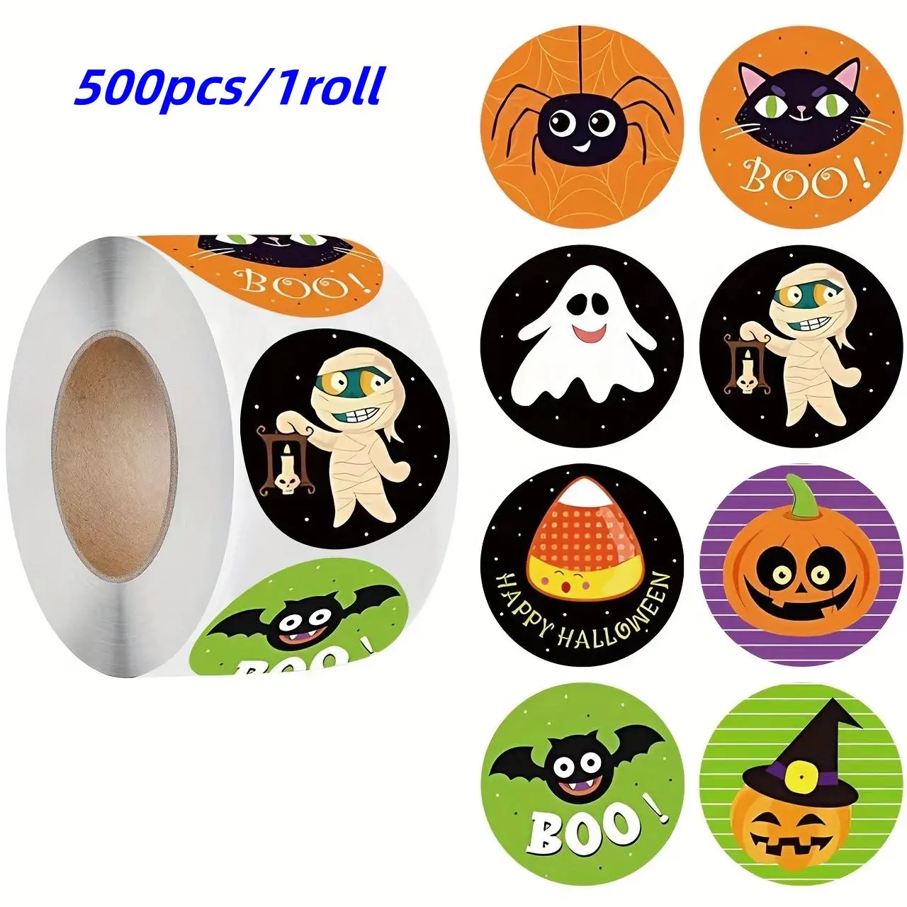 500pcs Halloween Stickers Roll, 8 Designs Pumpkin Bat Spider Stickers, Envelope Halloween Stickers, Halloween Decoration Stickers