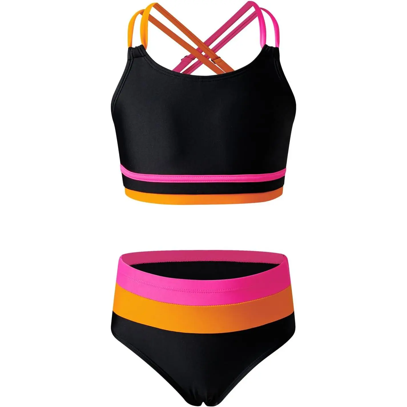 Teen Girl 2-Piece Colorblock Swim Wear Set - Bikini Top, Swim Bottoms with Removable Chest Pads, Beachwear for Ages 6-15 Years (Gift Option), Bathing Suit Set