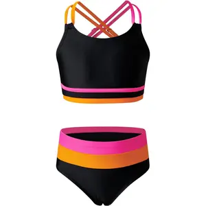 Tween Girls Swimsuits 2 Piece Color Block Bikini Sets with Chest Pad Size 6-15 Years(Gift)