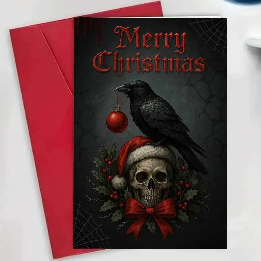1pc Gothic Christmas Card with Envelope, Dark Holiday Greeting Card, Vintage Skull Raven Christmas Design Gift Card, Alternative Merry Christmas Card for Friends Family Couples, Unique Gothic Winter Holiday Gift