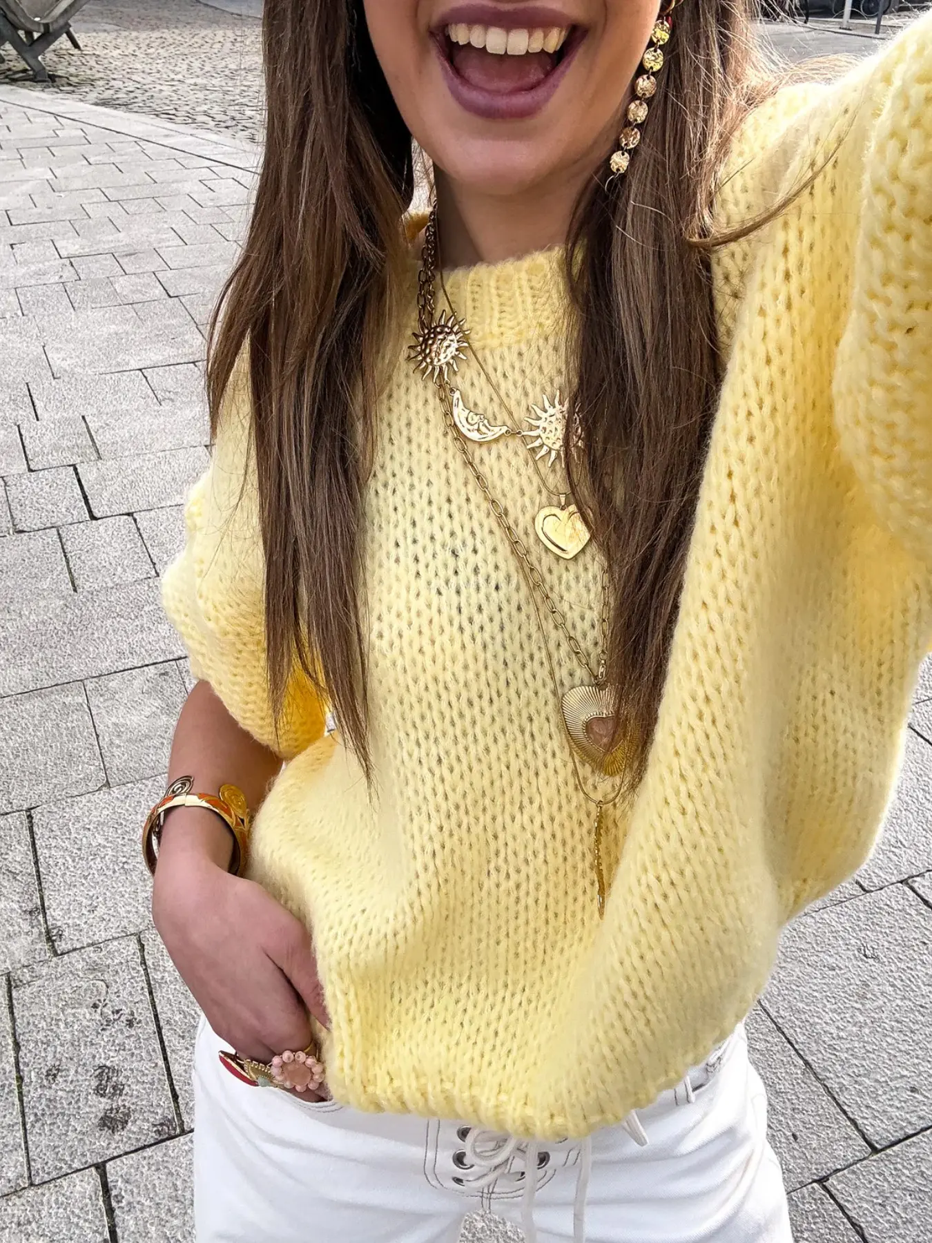 Fluffy Knit Short Sleeve Sweater Fuzzy Mohair Casual Style Chunky Pullover Top Butter Yellow Crewneck French Effortless