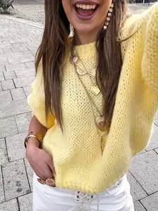 Fluffy Knit Short Sleeve Sweater Fuzzy Mohair Casual Style Chunky Pullover Top Butter Yellow Crewneck French Effortless