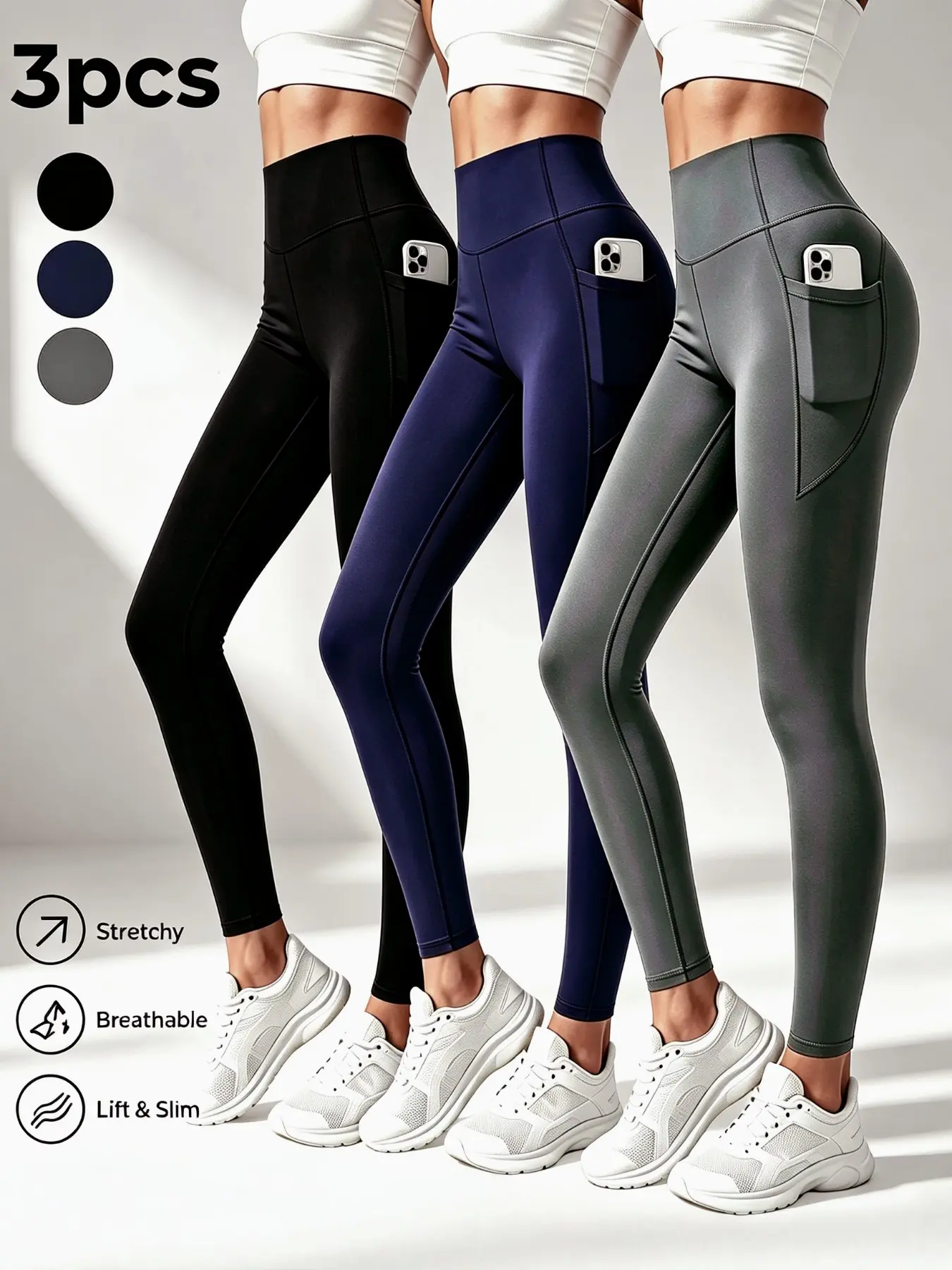 3 Pack Women High Waist Stretch Pocket Yoga Leggings, Quick Dry Seamless Slim Fit, Soft & Comfortable Fashion Active Pants, 3 Colors Set, High Elastic Breathable Workout Tights for Sports, Running, Cycling, Hiking, Yoga & Pilates, Women 3-Piece Set