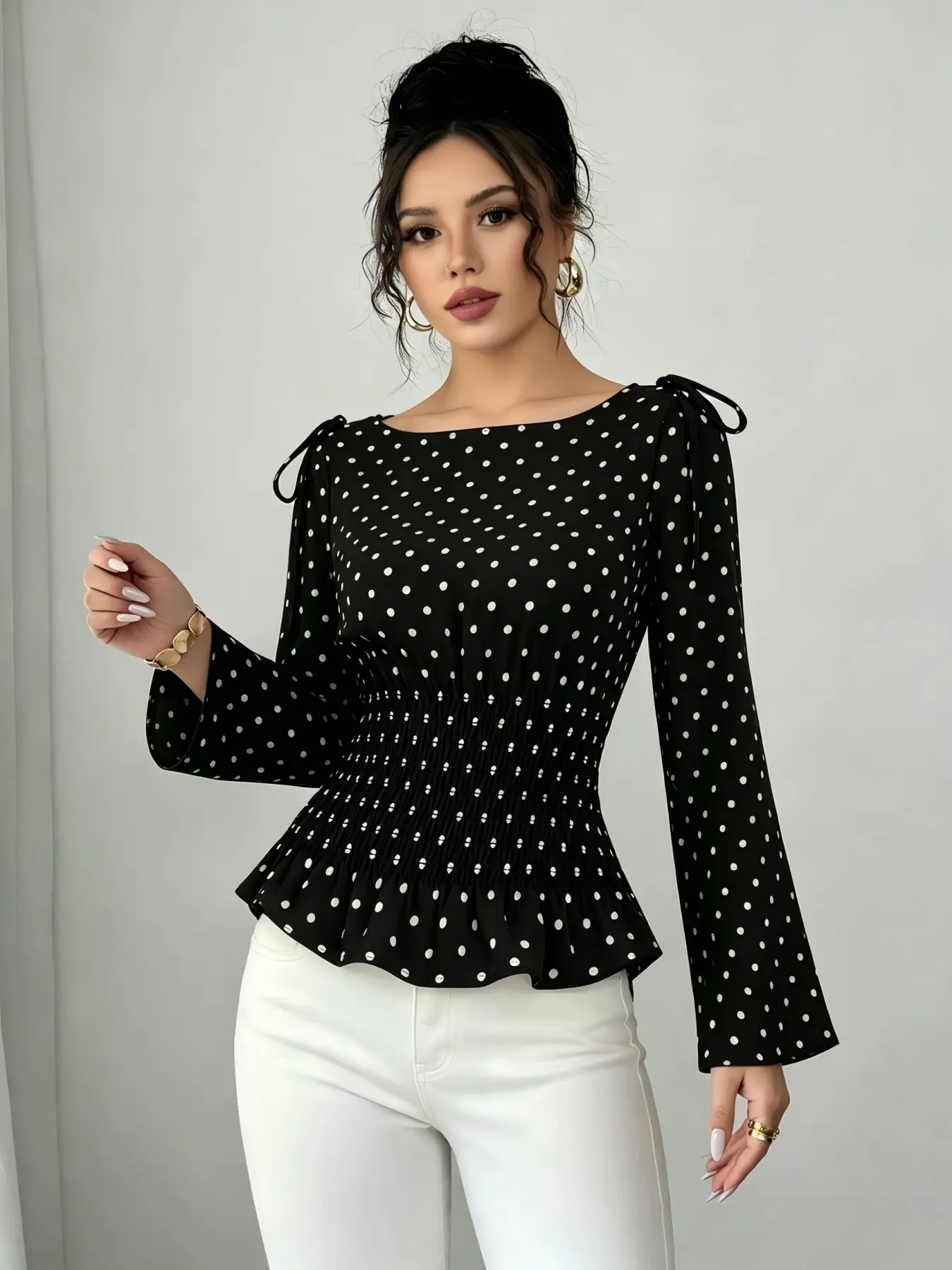 Black White Polka Dot Blouse Women Off Shoulder Tie Long Sleeve Smocked Waist Ruffle Hem Peplum Top Casual Classy Elegant Elegant Casual Slim Fit Shirt Blouses Shirts Tops