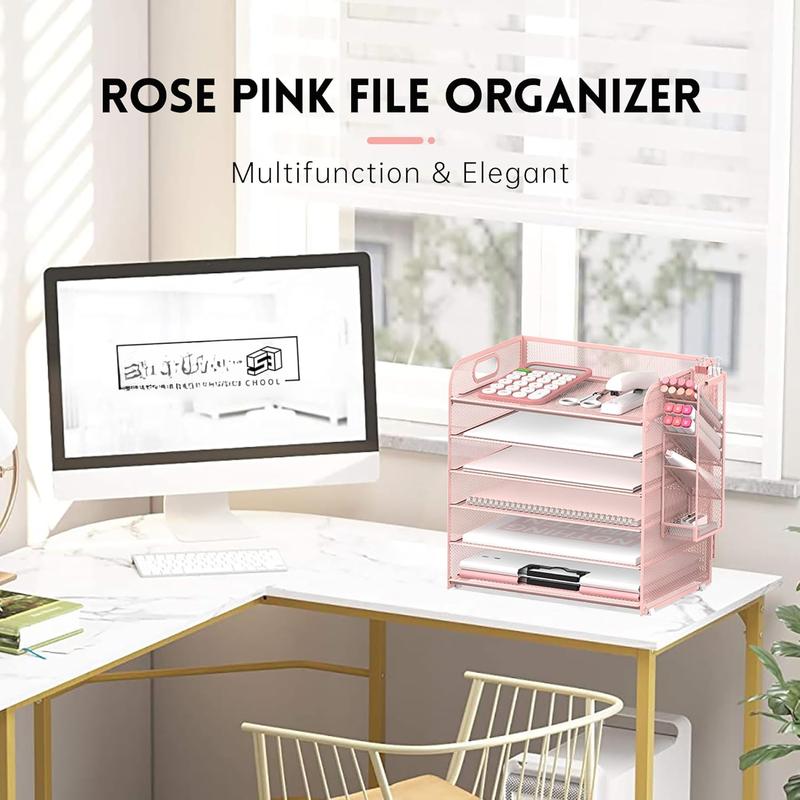 6 Tier Paper Organizer With 4 Pen Holders, Mesh Desk Letter Tray With Handle, File Organizer for A4 Folder, Rose Pink